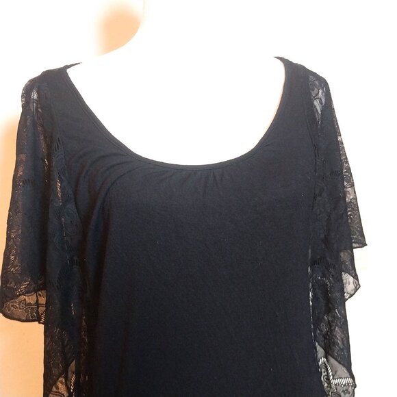 CAROLE LITTLE SIZE L BLACK SCOOP NECK LACE CASCADE SLEEVE TOP - Picture 3 of 10